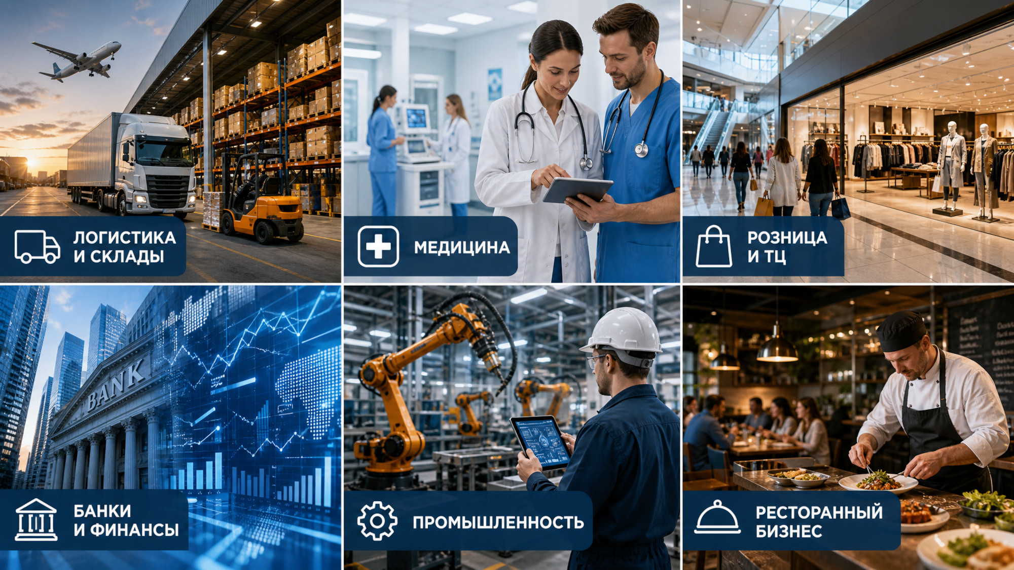 Иллюстрация: кафе, склад, медицинская клиника и современный офис